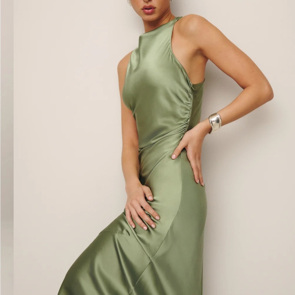 Reformation Casette Silk Gown in Artichoke Green